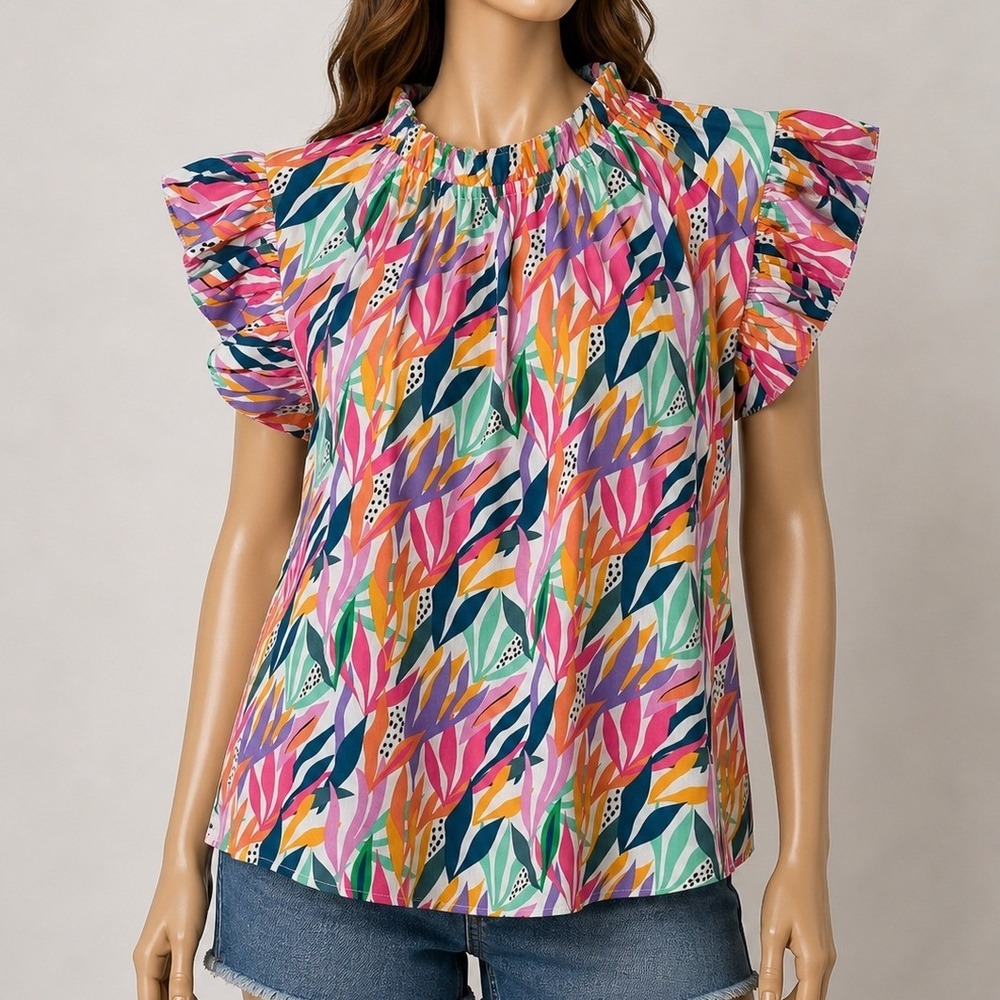 THML Womens Blouse Tropical Leaf Print Ruffle Sleeve Elastic Neck M